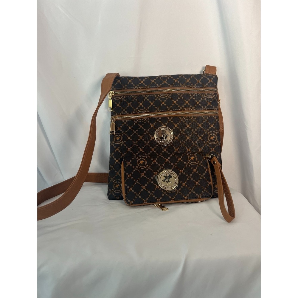 Beverly Hills Polo Club Crossbody Purse Brown Monogram Adjustable Strap New